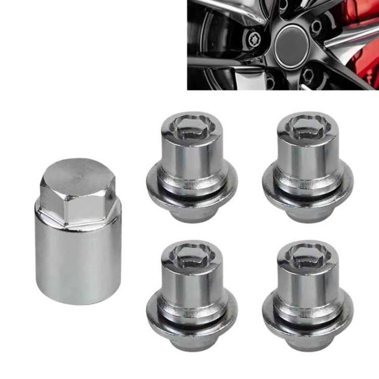 Wheel lock lug nuts and key set, silver steel, includes anti-theft locking nuts