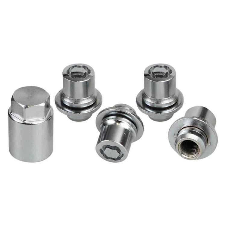 Close-up view of anti-theft wheel lock lug nuts set with key and threaded insert