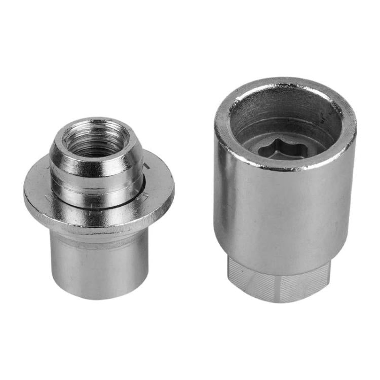 Wheel lock lug nut and key close-up, silver steel with internal drive for security