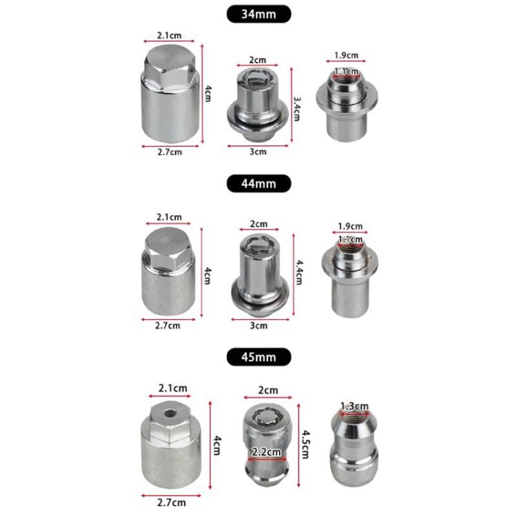 Wheel lock lug nut size chart: 34mm, 44mm, and 45mm with key dimensions
