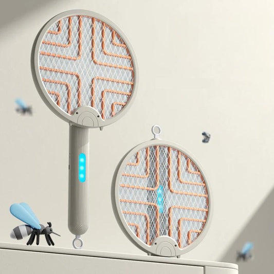 Khaki folding mosquito zapper lamp with glowing blue light, handheld or wall-mount style