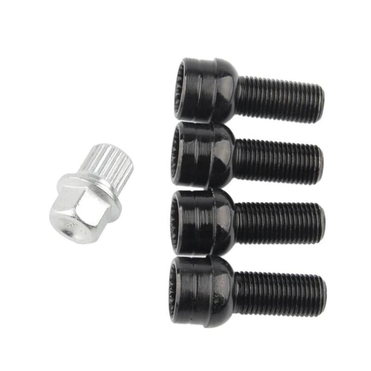 Anti-theft wheel bolts, three black bolts with one silver security bolt