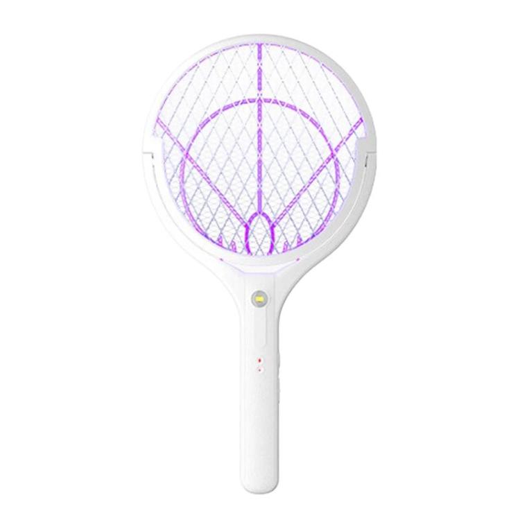 White electric mosquito racket zapper with glowing purple LED mesh head