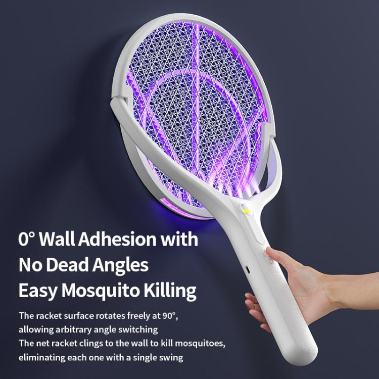 Gray electric mosquito racket zapper with purple-lit mesh head