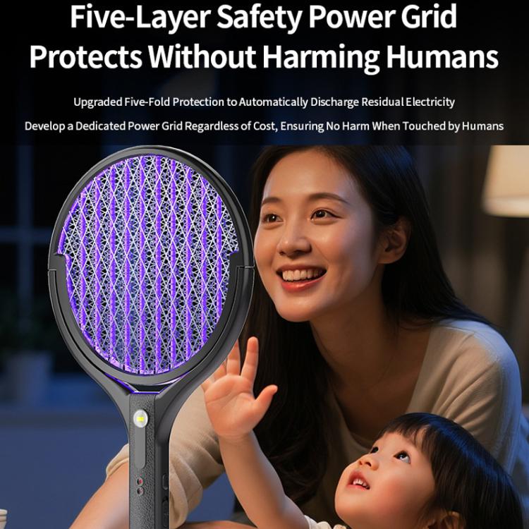 Electric mosquito racket zapper with purple LED mesh head and grip handle