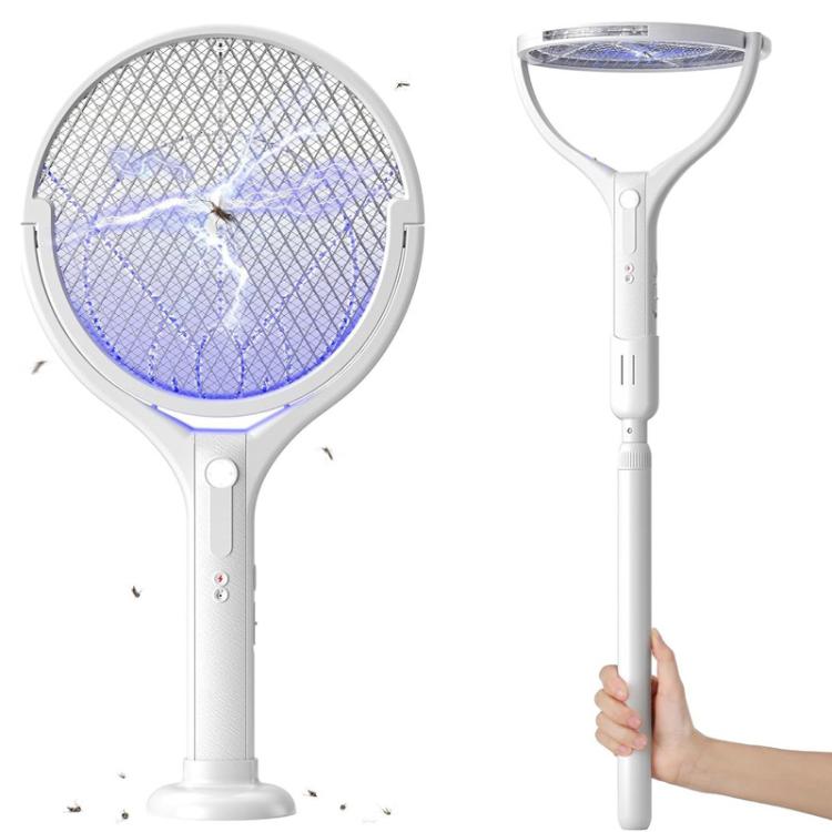 Electric mosquito racket zapper with purple LED mesh head and white stand