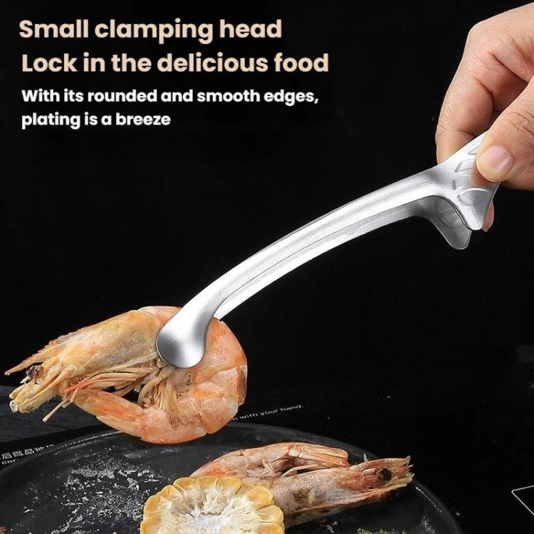 Stainless steel round-head BBQ tongs with smooth clamp on grilled shrimp