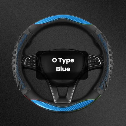 Blue O-type steering wheel cover with honeycomb texture and contrast stitching