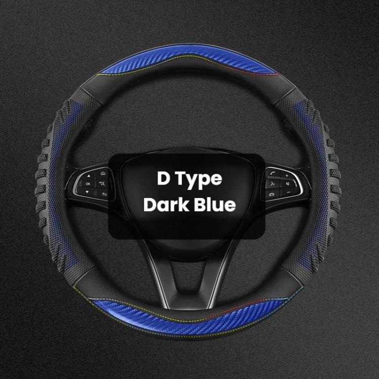 Dark blue D-type steering wheel cover with honeycomb texture and contrast stitching