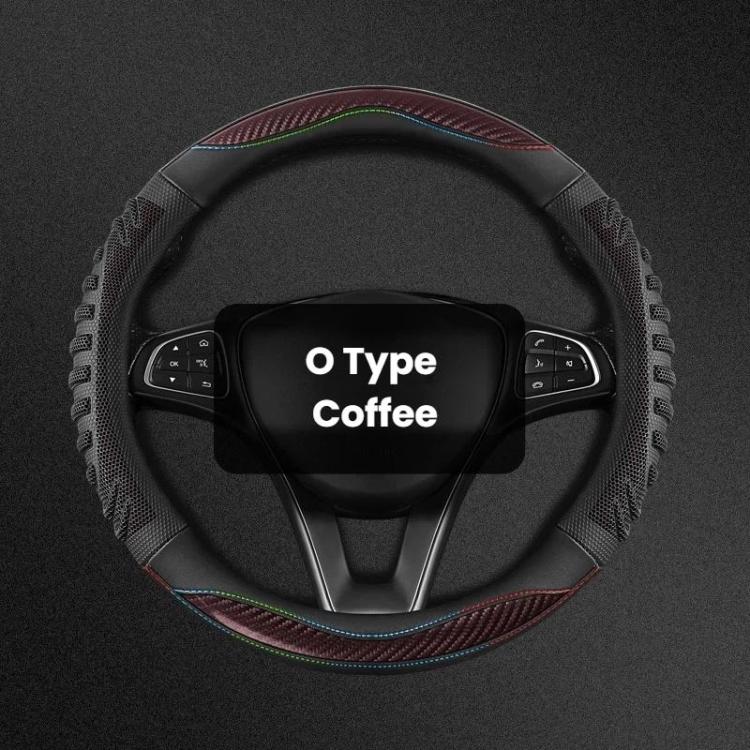 Coffee O-type steering wheel cover with honeycomb texture and contrast stitching