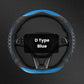 Blue D-type steering wheel cover with honeycomb texture and contrast stitching