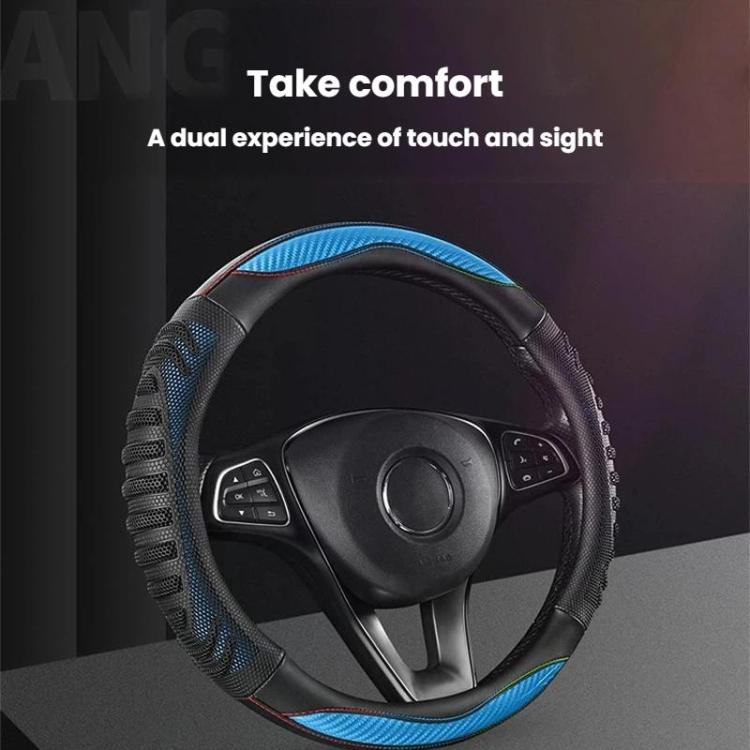 Universal no-sew steering wheel cover in black with blue edge trim and honeycomb texture