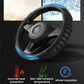 Black steering wheel cover with blue outer ring and ventilated honeycomb grip