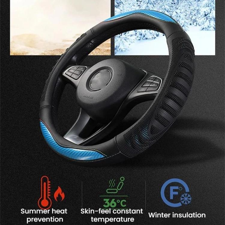 Black steering wheel cover with blue outer ring and ventilated honeycomb grip