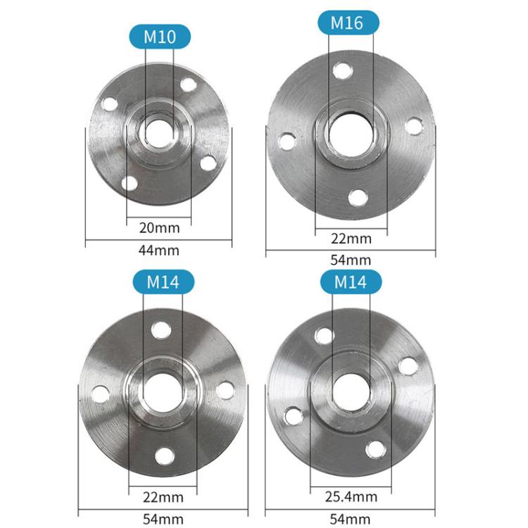 Flange plate size chart for M10, M14, and M16 threads with hole dimensions