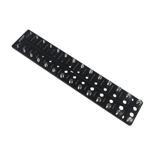 Black thread pitch gauge board with numbered slots and threaded fitting holes
