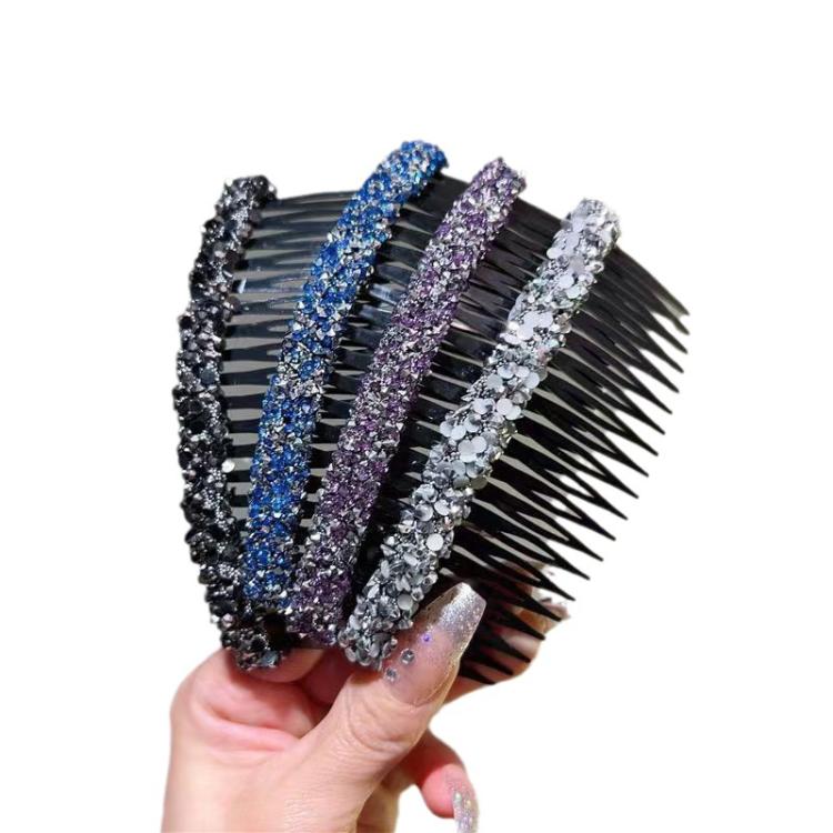 Sparkly hair clip comb with black base and blue, purple, and silver rhinestone bands