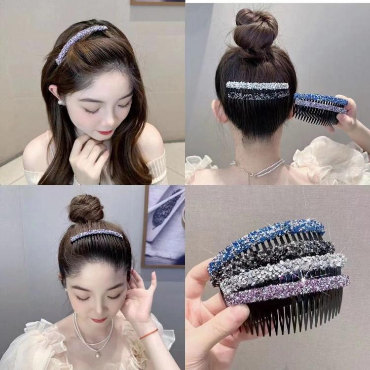 Sparkly hair clip comb worn in a bun, featuring blue and silver rhinestone bands