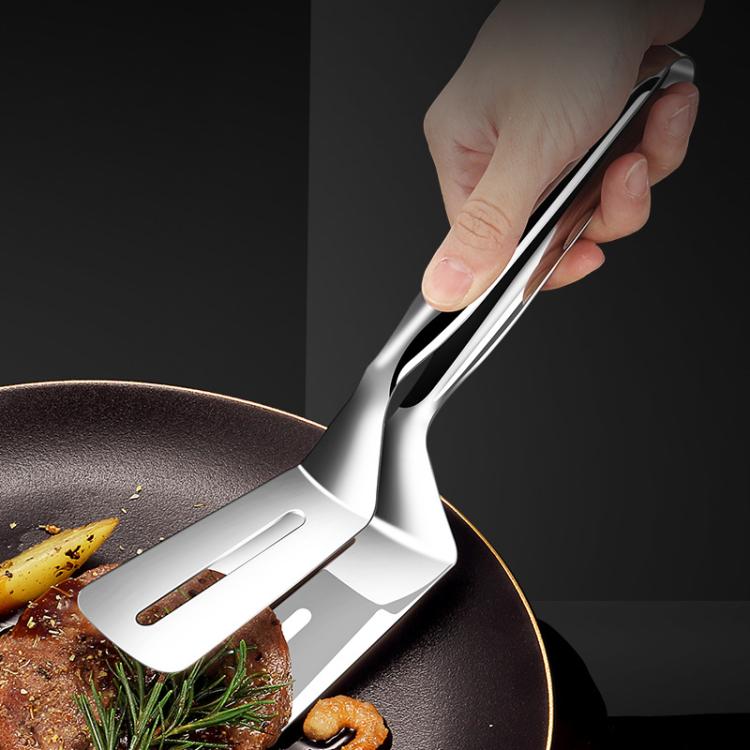 Stainless steel food tongs with slotted serving clamp head and long handles