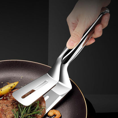 Stainless steel food tongs with slotted serving clamp head and long handles