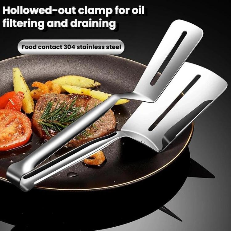 304 stainless steel food tongs with hollow, slotted clamp for draining oil