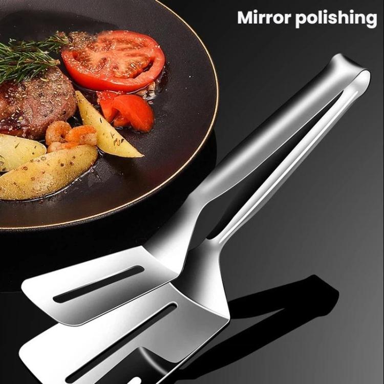 Mirror-polished stainless steel tongs with broad slotted head for turning food