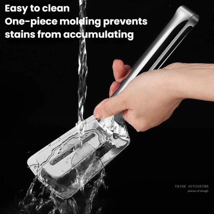 Stainless steel tongs with one-piece design; water rinse shown for cleaning