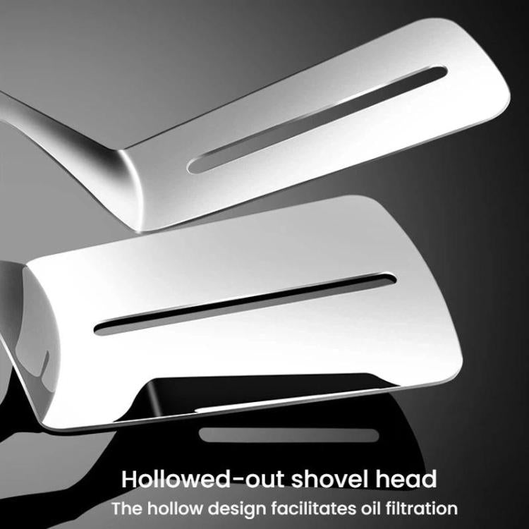 Stainless steel tong head with hollow shovel-like slots for oil filtration