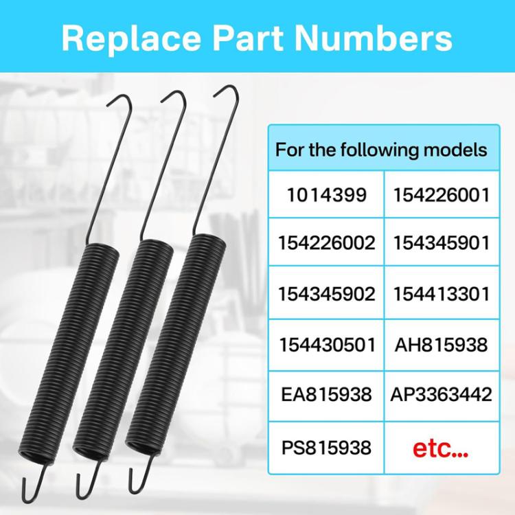Set of three black dishwasher door coil springs with wire hook ends