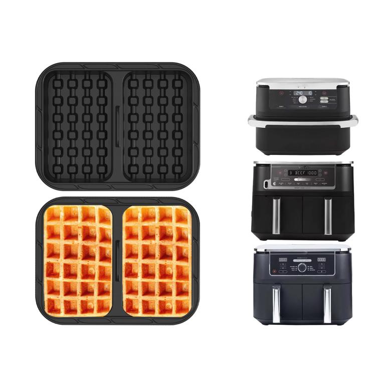 Air fryer waffle mold insert with grid pattern, shown with extra molds and fryer