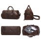Brown leather travel tote bag set view: top handles, side strap, front compartments.