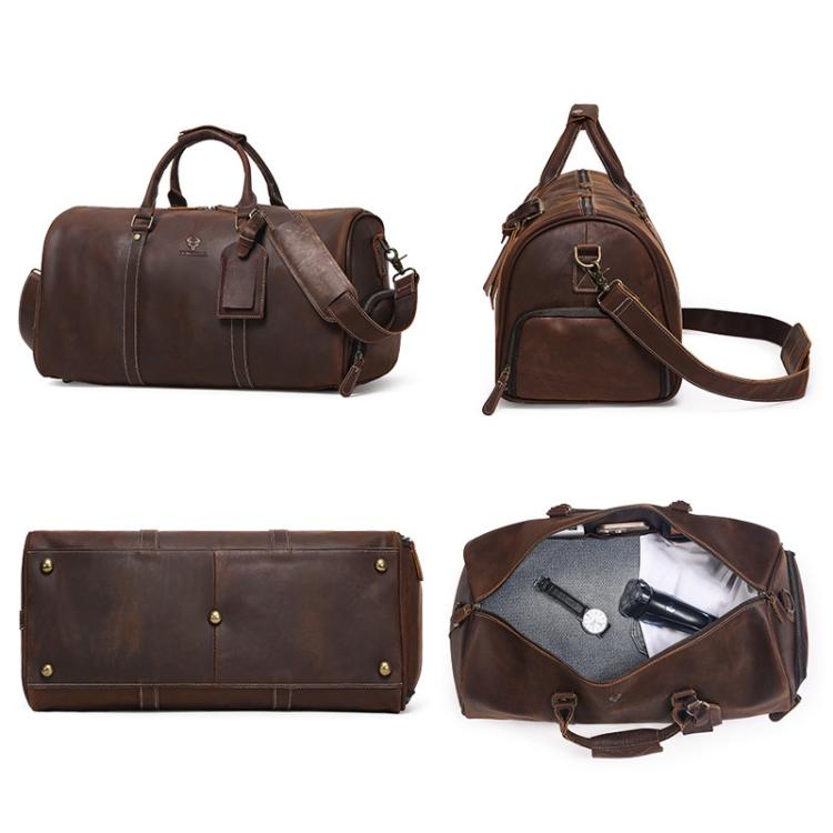 Brown leather travel tote bag set view: top handles, side strap, front compartments.
