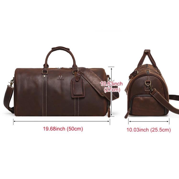 Brown leather duffel-style travel tote bag with two handles, side straps, front detail.