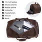 Brown leather travel tote bag open top with interior organizer and zipped pocket areas.