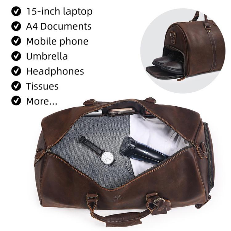 Brown leather travel tote bag open top with interior organizer and zipped pocket areas.