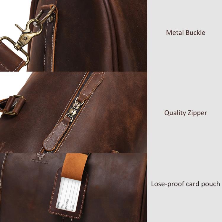 Brown leather travel tote bag close-up of metal buckles, zipper trim, card pouch.