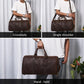 Brown leather travel tote bag worn options: crossbody, single shoulder, and hand-held.
