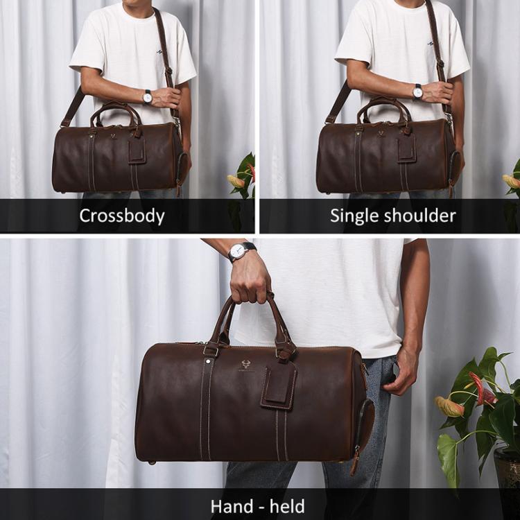 Brown leather travel tote bag worn options: crossbody, single shoulder, and hand-held.