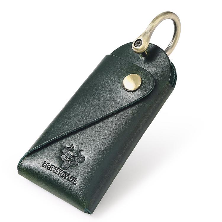 Leather key pouch in dark green with metal keyring and snap button closure