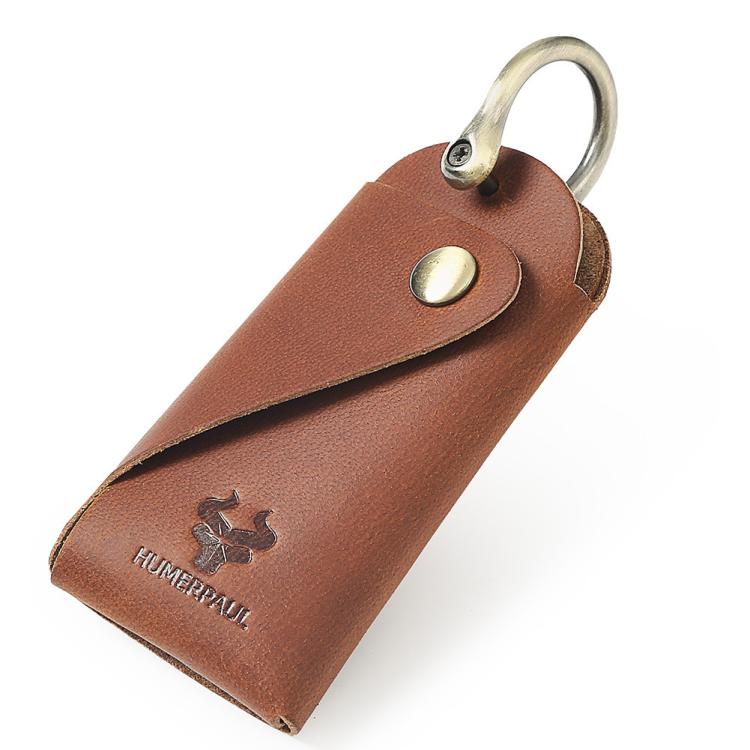 Leather key pouch in brown with metal keyring and snap button closure