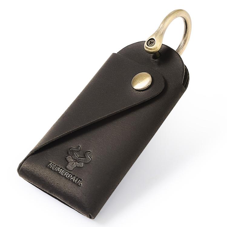 Leather key pouch in black with metal keyring and snap button closure