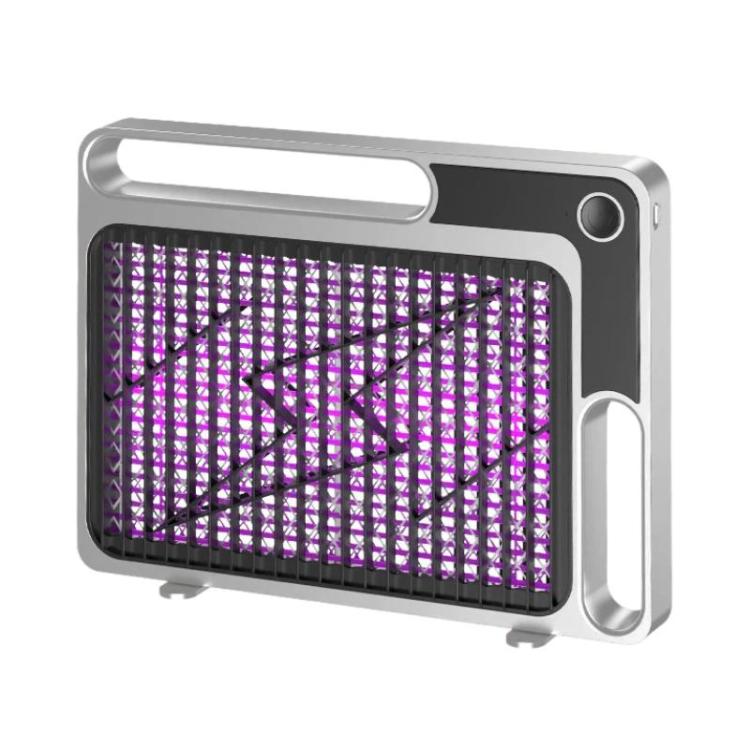 Electric mosquito trap with glowing purple UV grid, dark mesh window, silver body