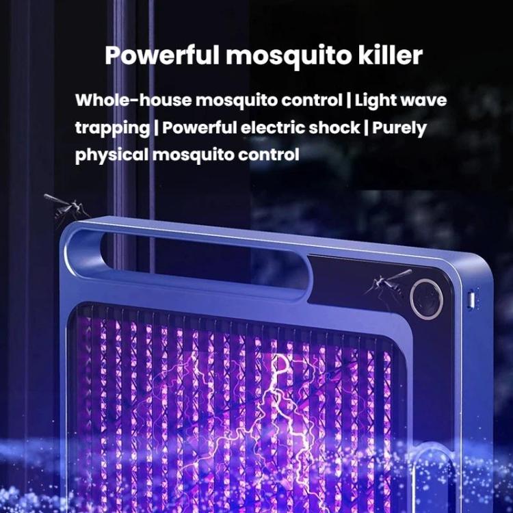 Blue electric mosquito trap with purple UV light grid inside transparent front