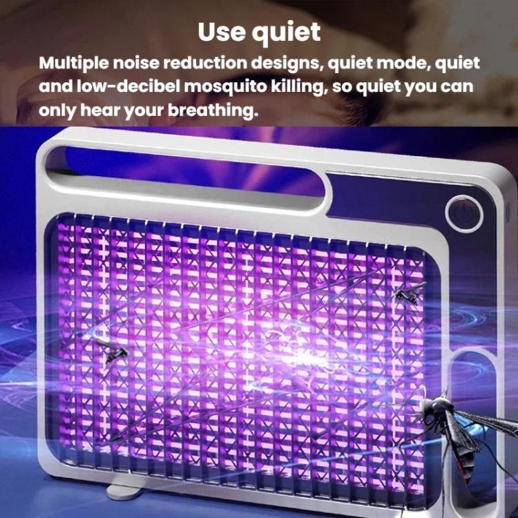 White electric mosquito trap with purple UV grid and dark mesh window, quiet design
