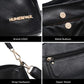 Black leather shoulder bag details: logo, metal buttons, strap hardware, zipper