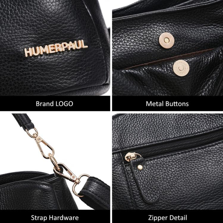 Black leather shoulder bag details: logo, metal buttons, strap hardware, zipper
