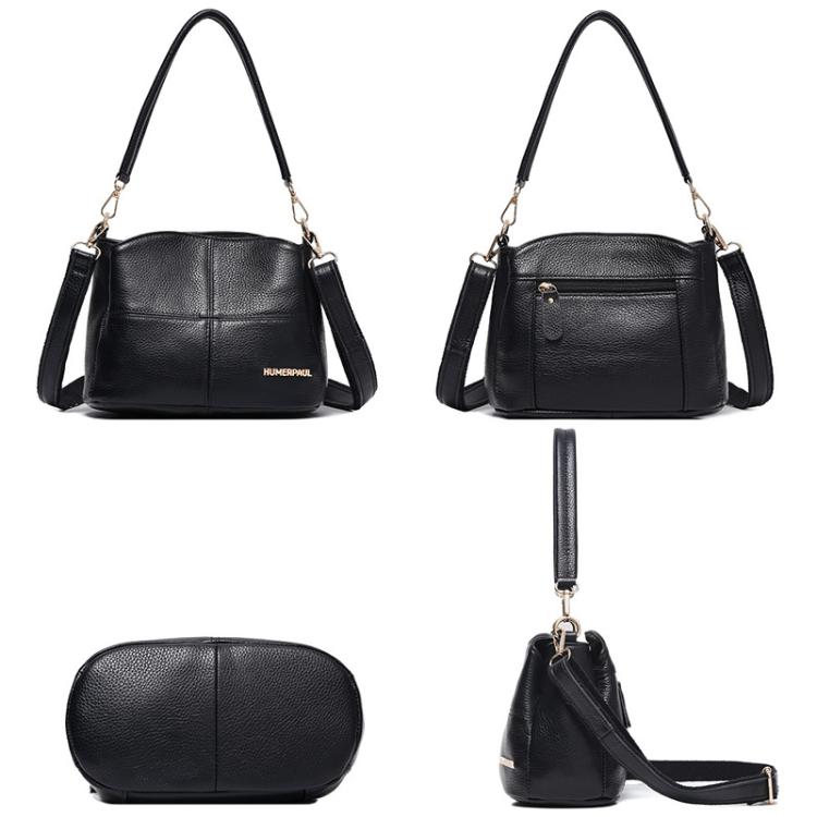 Black leather shoulder bag set with chain straps, front pocket, and detachable crossbody strap