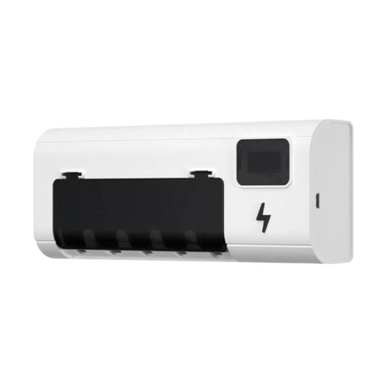 White wall-mounted toothbrush sanitizer stand with dark charging holder and small display window
