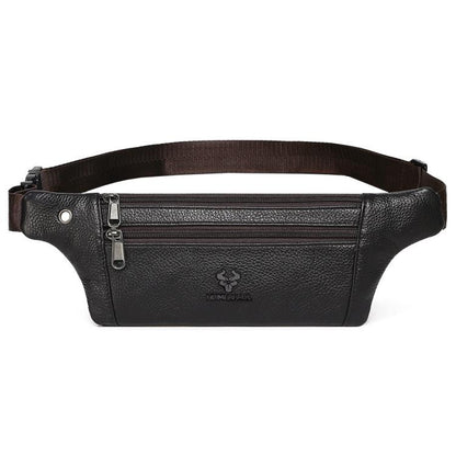 Men's black leather waist bag with front zip pockets and adjustable belt strap