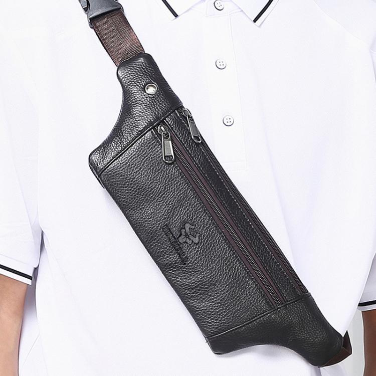 Men's black leather crossbody waist bag worn over a white polo, front zip pocket